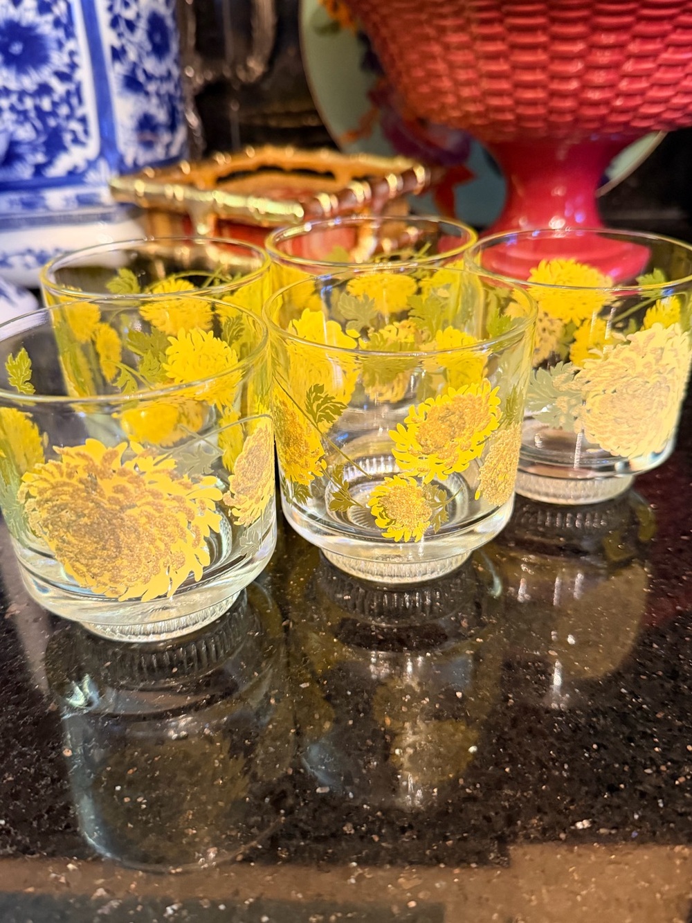 Vintage MCM Bartlett Collins Chrysanthemums Glasses Set of 5